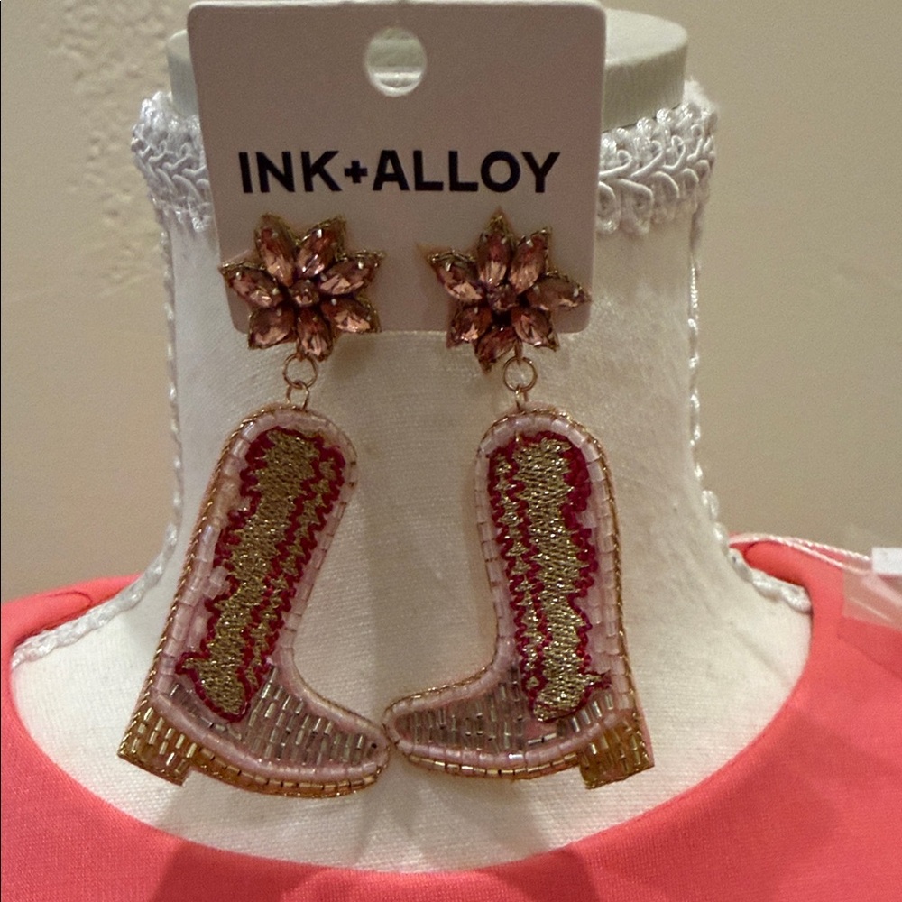 INK +ALLOY Pink and Gold Beaded Cowboy Boot Drop Earrings